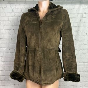 Braetan Women's Coat Med Olive Leather Suede Zip Front Hooded faux fur vintage